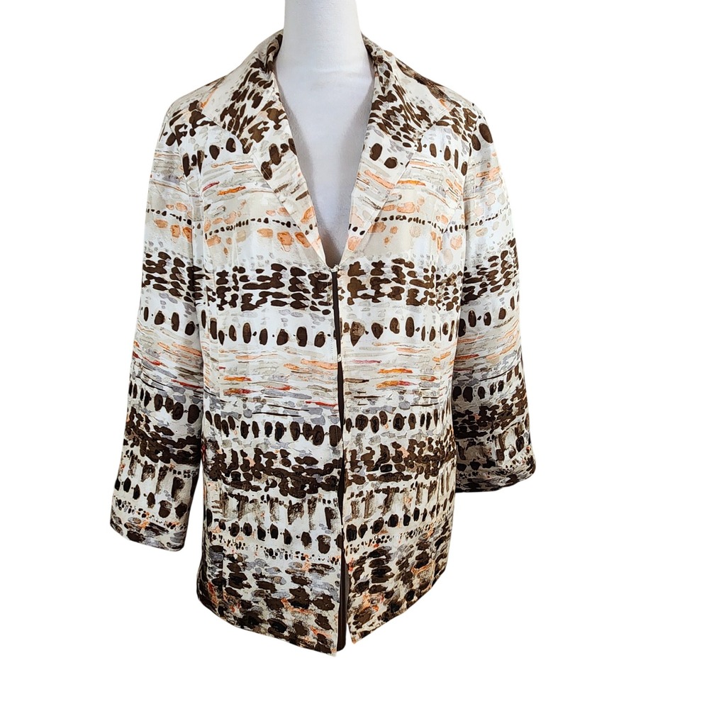 Chicos Womens Size 3 Silk Blazer Jacket Brown Orange Abstract Print Lined XL